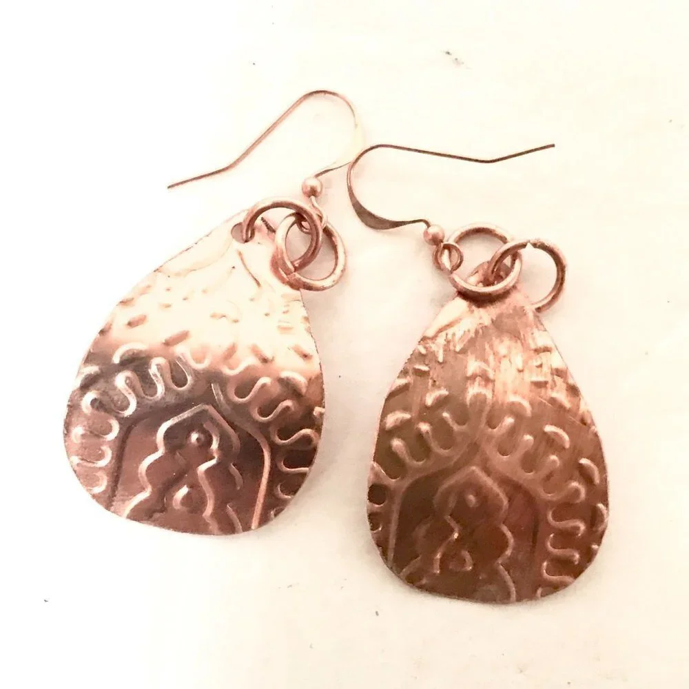Tear Drop Baroque Embossed Solid Copper Earrings - Picture 2 of 6